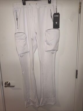 🤍👖🤍 Men's White Cargo Pocket Stacked Joggers - Size XL